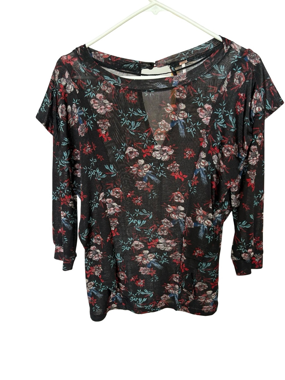 Free People Black Floral Keyhole Back 3/4 Sleeve Boho Top Size XS